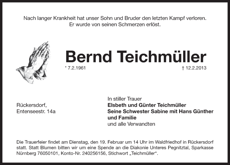  Traueranzeige für Bernd Teichmüller vom 16.02.2013 aus Pegnitz-Zeitung